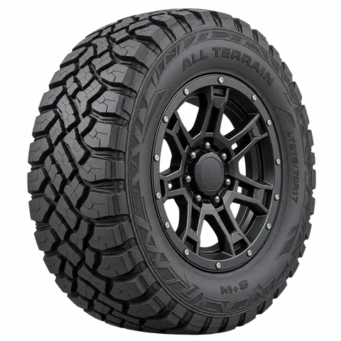 إطار سيارة يوضح المقاس ومؤشر الحمولة ورمز السرعة: LT275/70 R17 121S